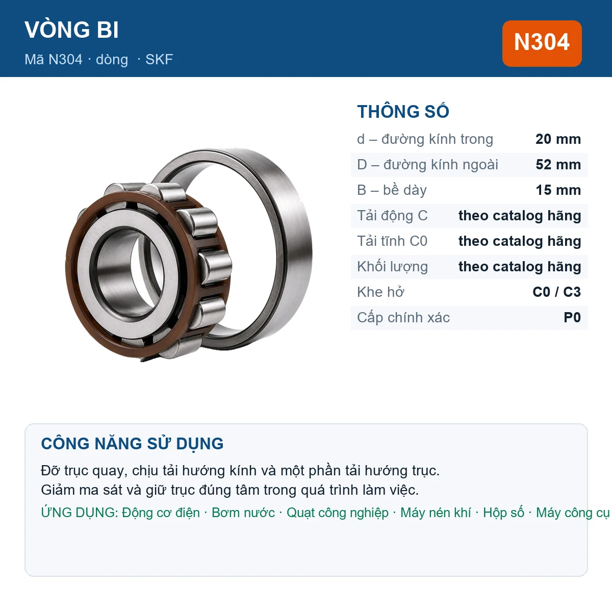 Vòng bi SKF N304 20x52x15mm — Ảnh đăng sản phẩm (web)