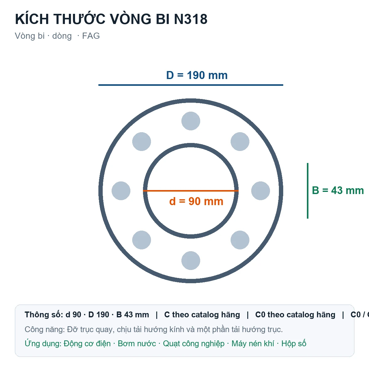 Vòng bi FAG N318 90x190x43mm — Bản vẽ kích thước (Google Images)