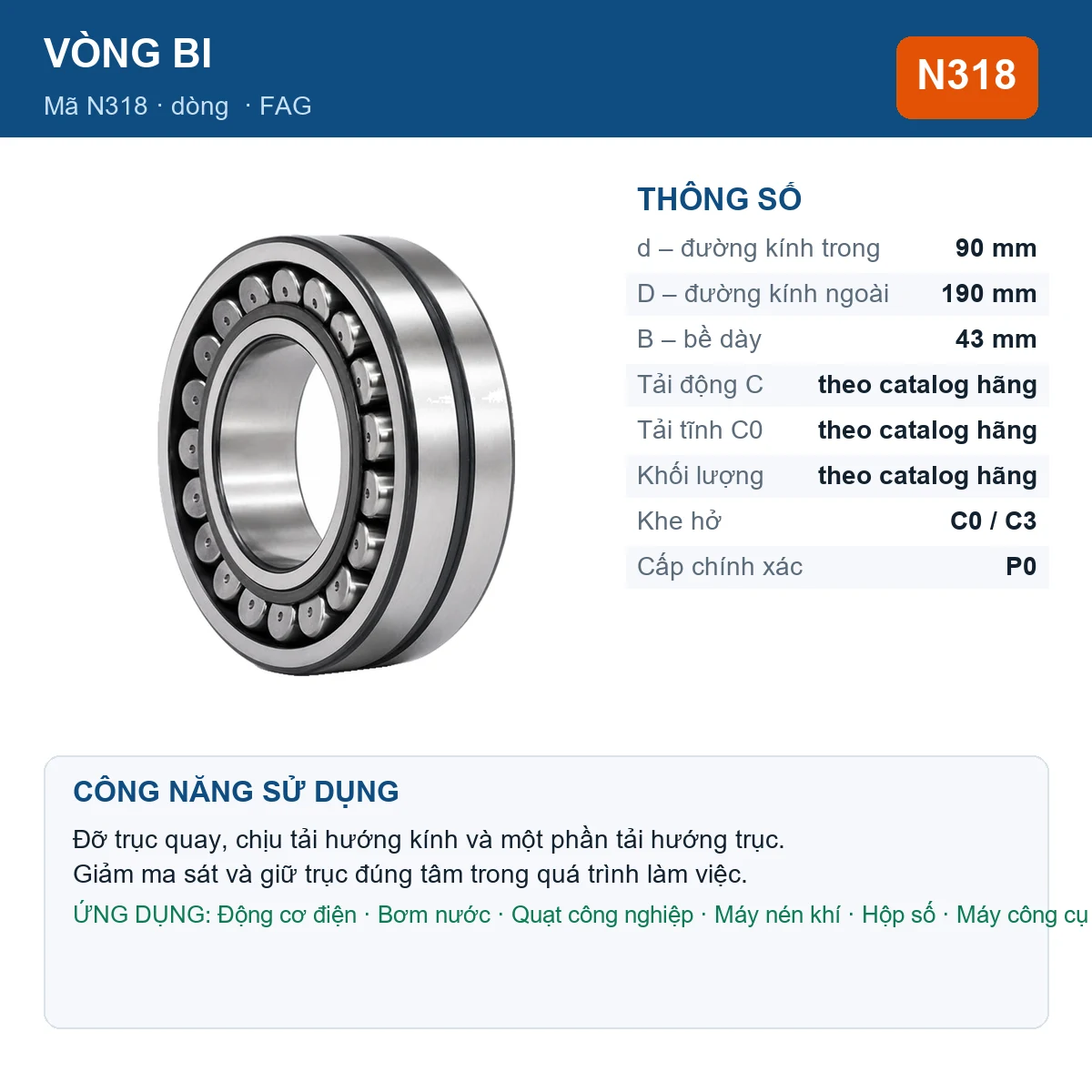 Vòng bi FAG N318 — kích thước 90x190x43mm