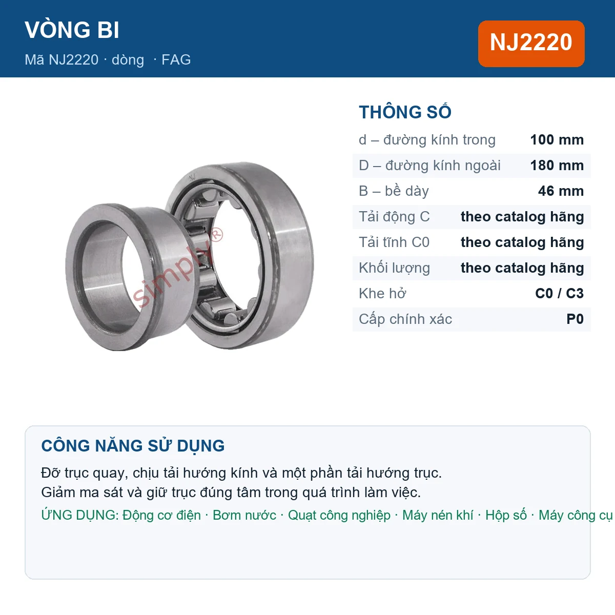 Vòng bi FAG NJ2220 — kích thước 100x180x46mm
