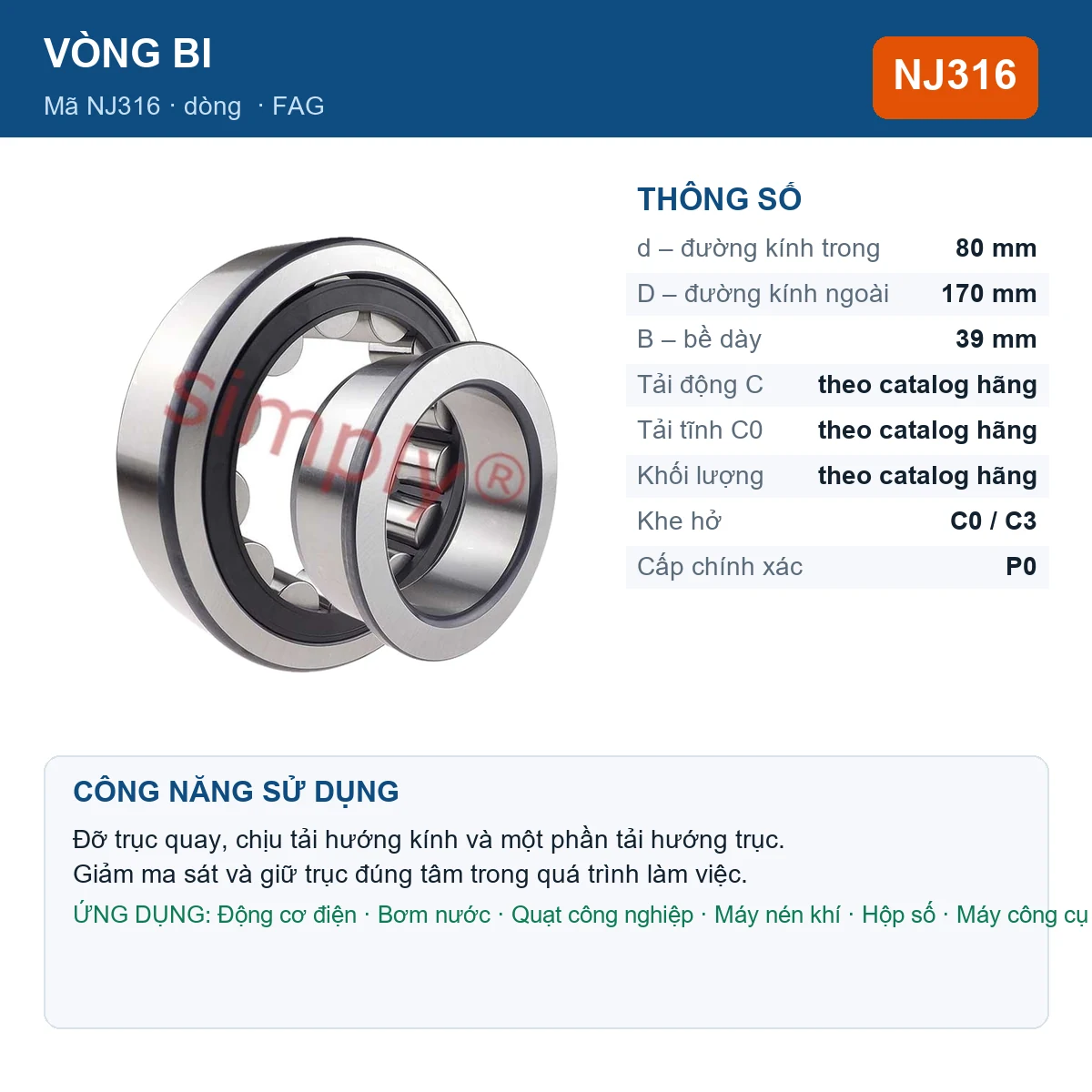 Vòng bi FAG NJ316 — kích thước 80x170x39mm