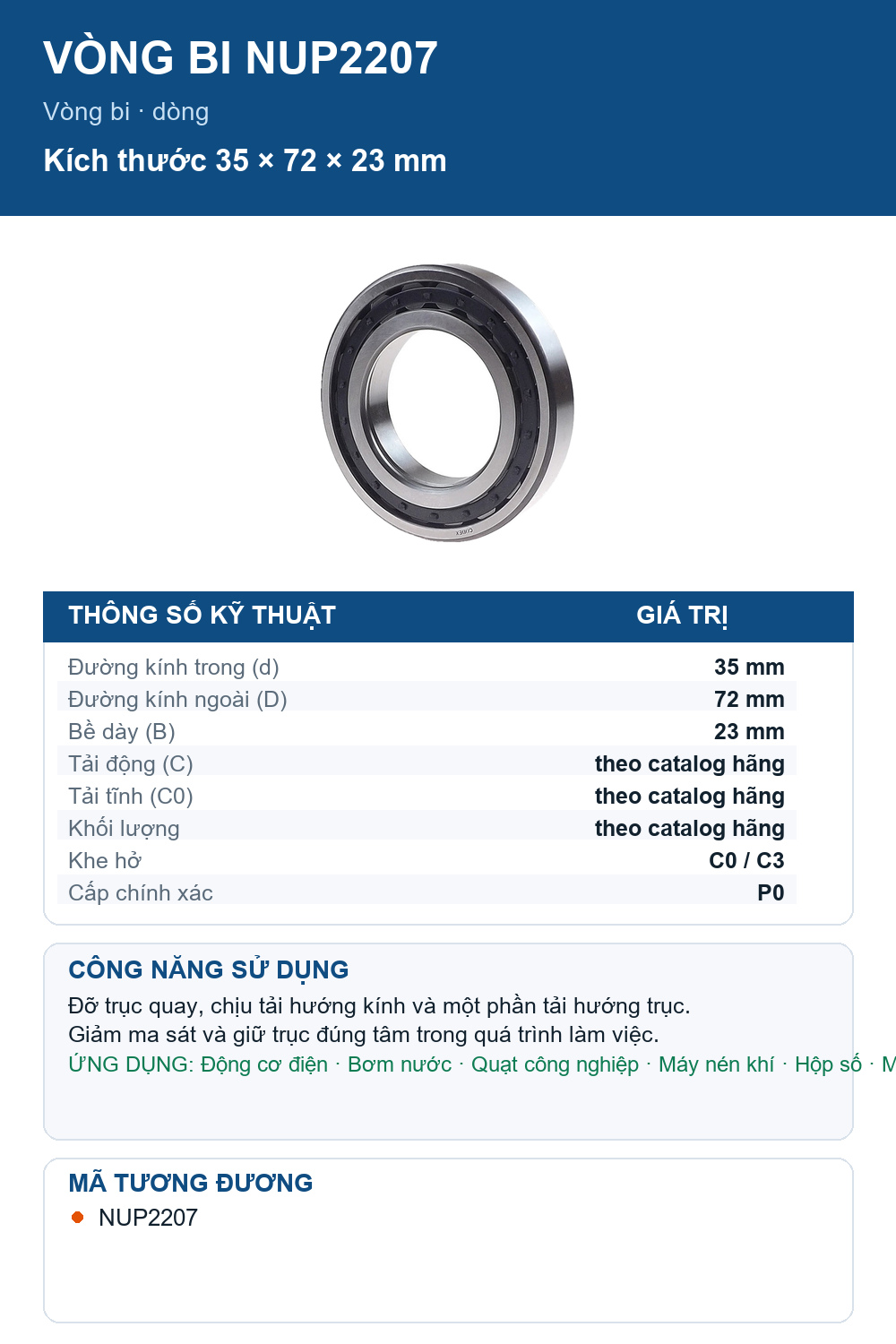 Vòng bi Codex NUP2207 35x72x23mm — Ảnh thông số (Pinterest)