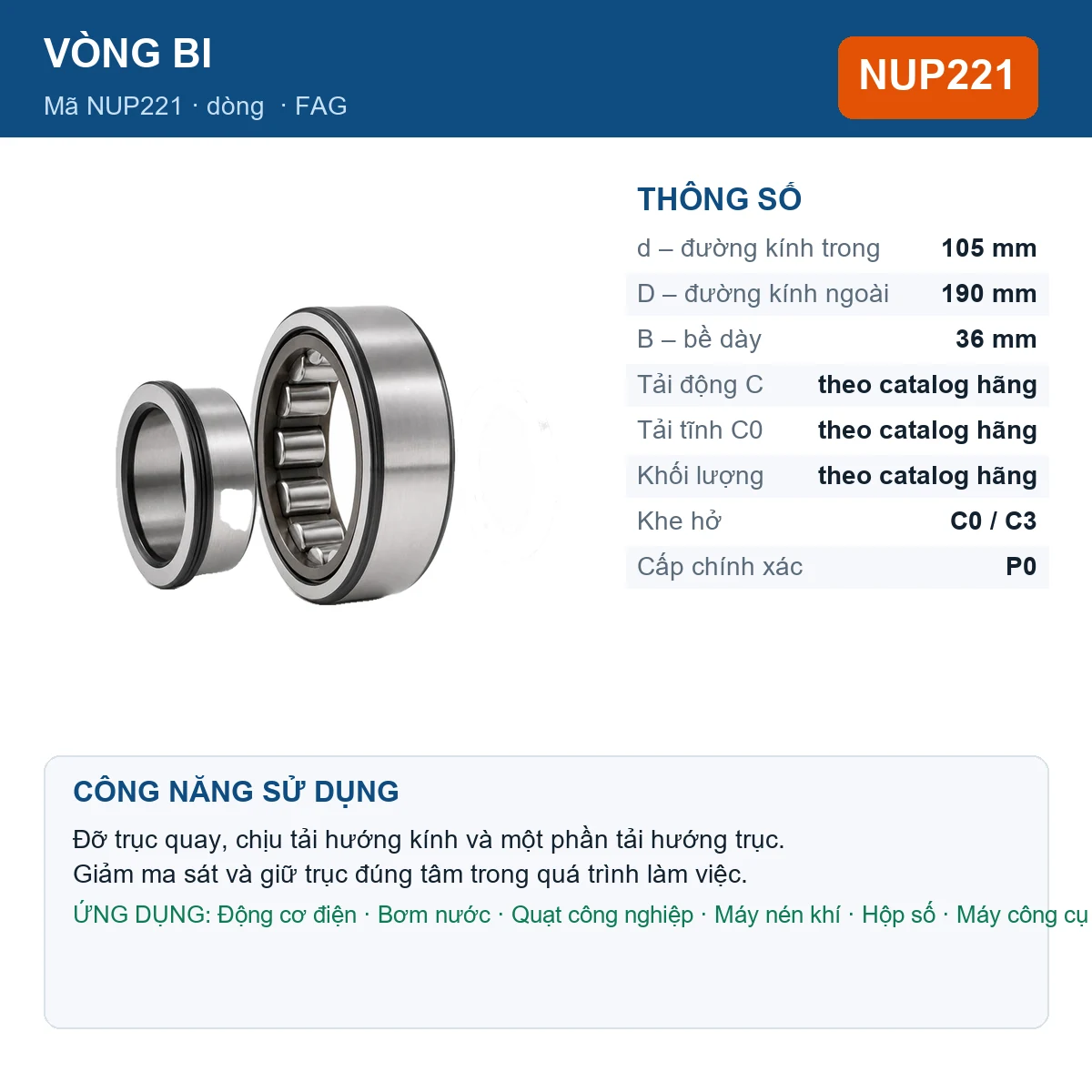 Vòng bi FAG NUP221 — kích thước 105x190x36mm