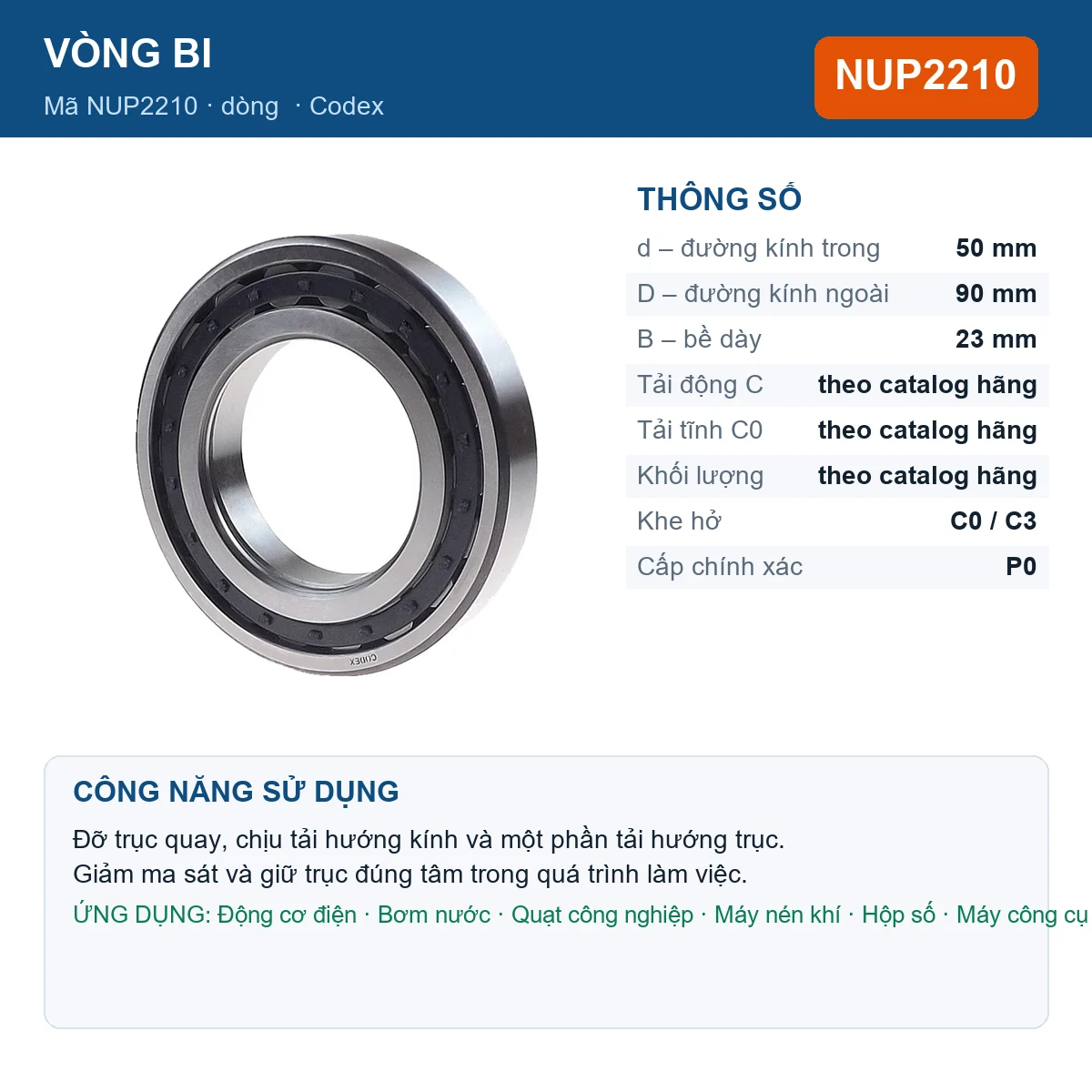 Vòng bi Codex NUP2210 — kích thước 50x90x23mm