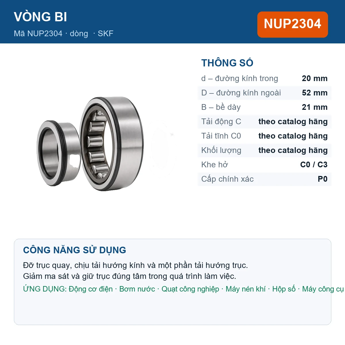 Vòng bi SKF NUP2304 20x52x21mm — Ảnh đăng sản phẩm (web)
