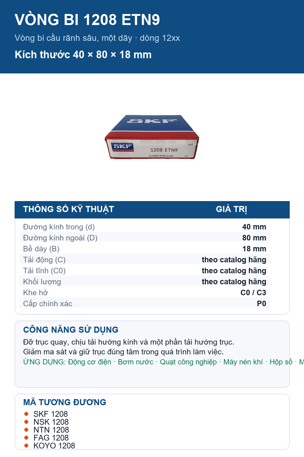 Vòng bi SKF 1208 ETN9 40x80x18mm — Ảnh thông số (Pinterest)