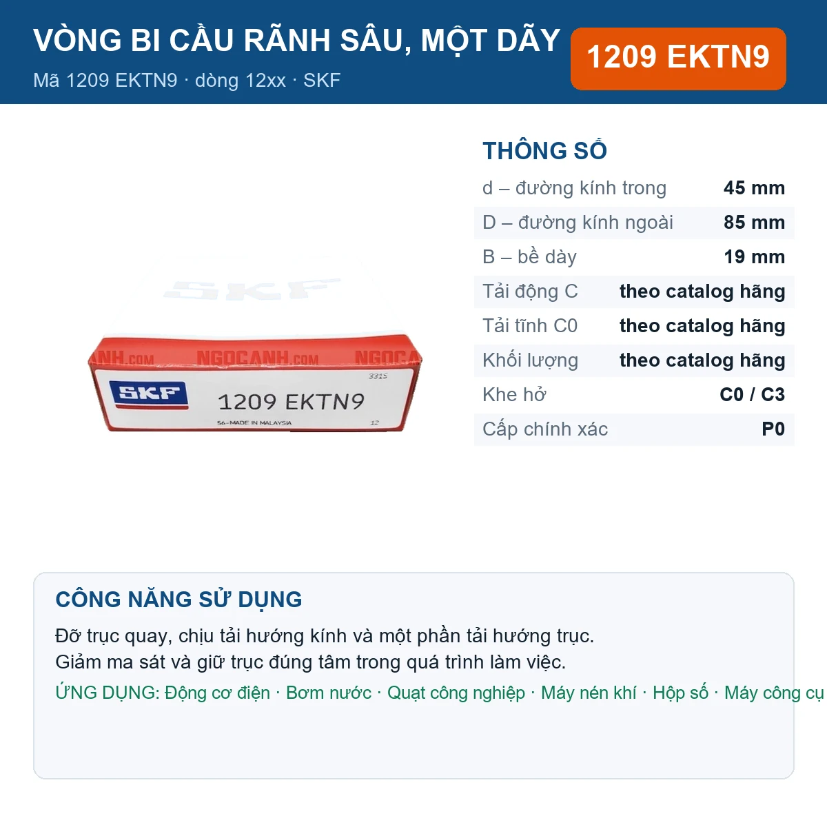 Vòng bi SKF 1209 EKTN9 — kích thước 45x85x19mm