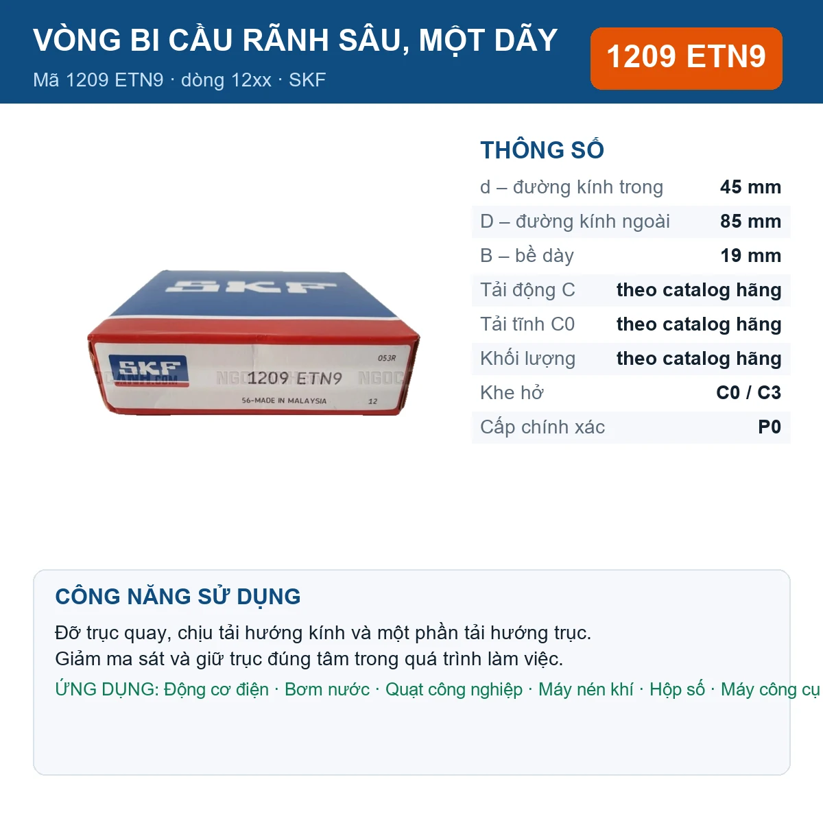 Vòng bi SKF 1209 ETN9 — kích thước 45x85x19mm