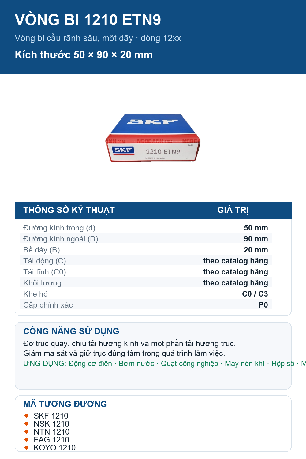 Vòng bi SKF 1210 ETN9 50x90x20mm — Ảnh thông số (Pinterest)
