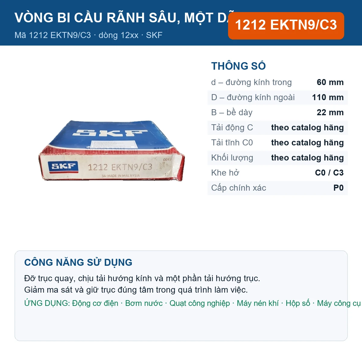 Vòng bi SKF 1212 EKTN9/C3 — kích thước 60x110x22mm