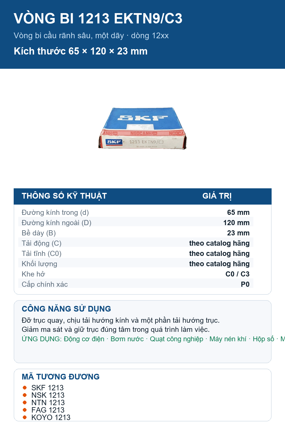 Vòng bi SKF 1213 EKTN9/C3 65x120x23mm — Ảnh thông số (Pinterest)