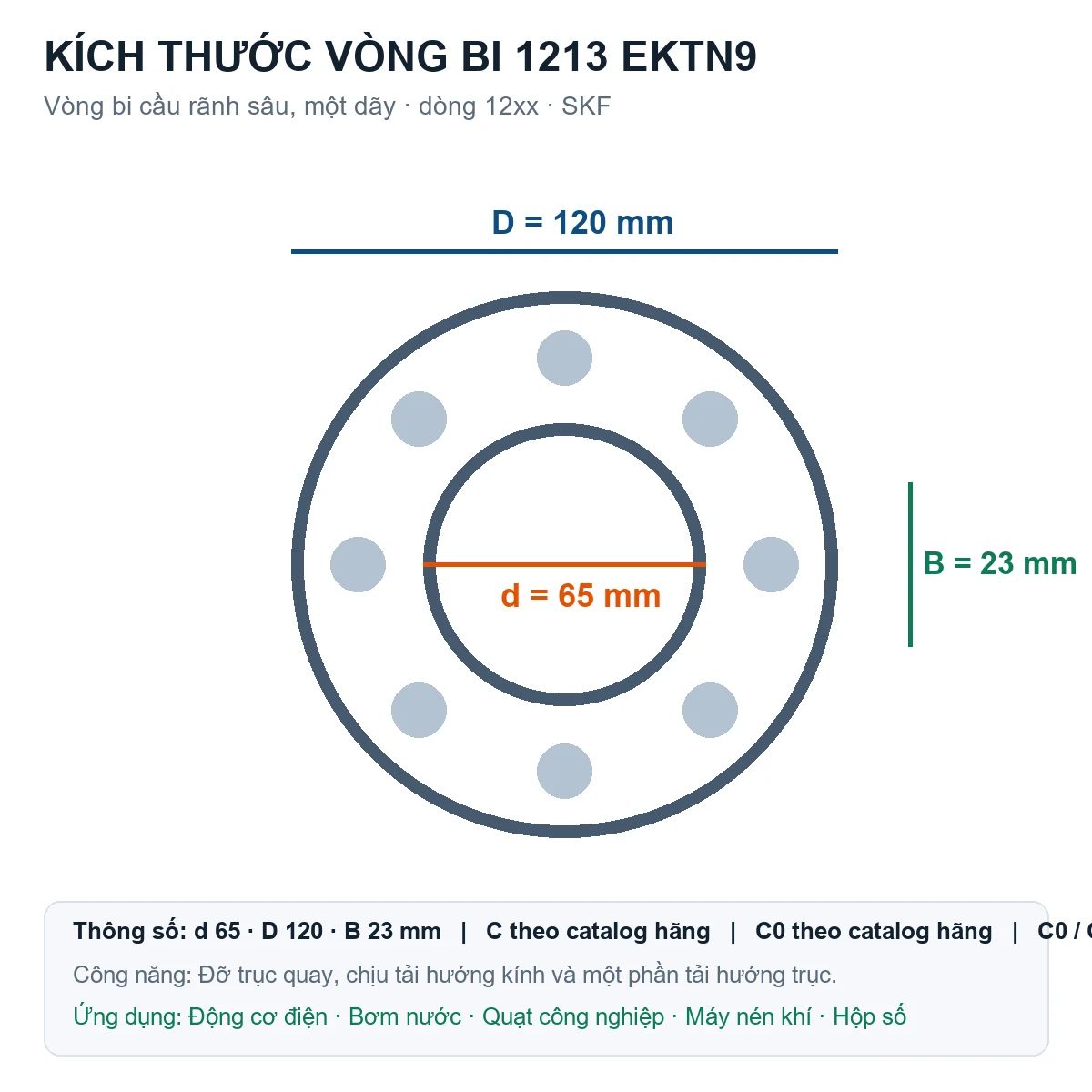 Vòng bi SKF 1213 EKTN9 65x120x23mm — Bản vẽ kích thước (Google Images)