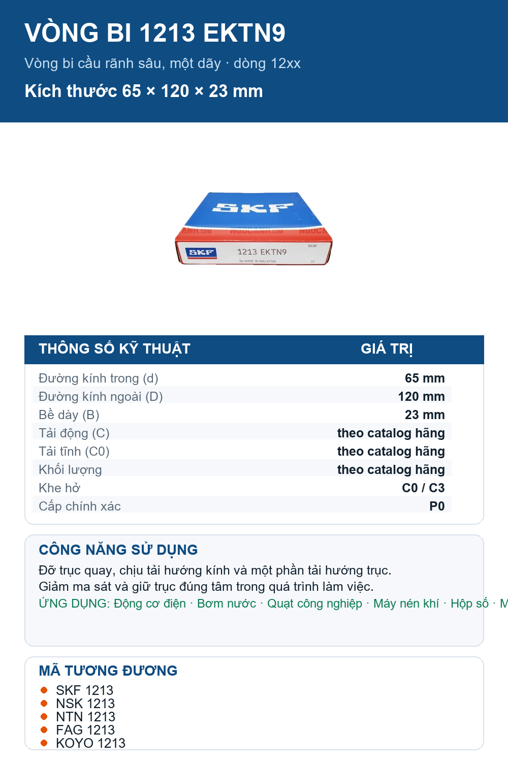 Vòng bi SKF 1213 EKTN9 65x120x23mm — Ảnh thông số (Pinterest)