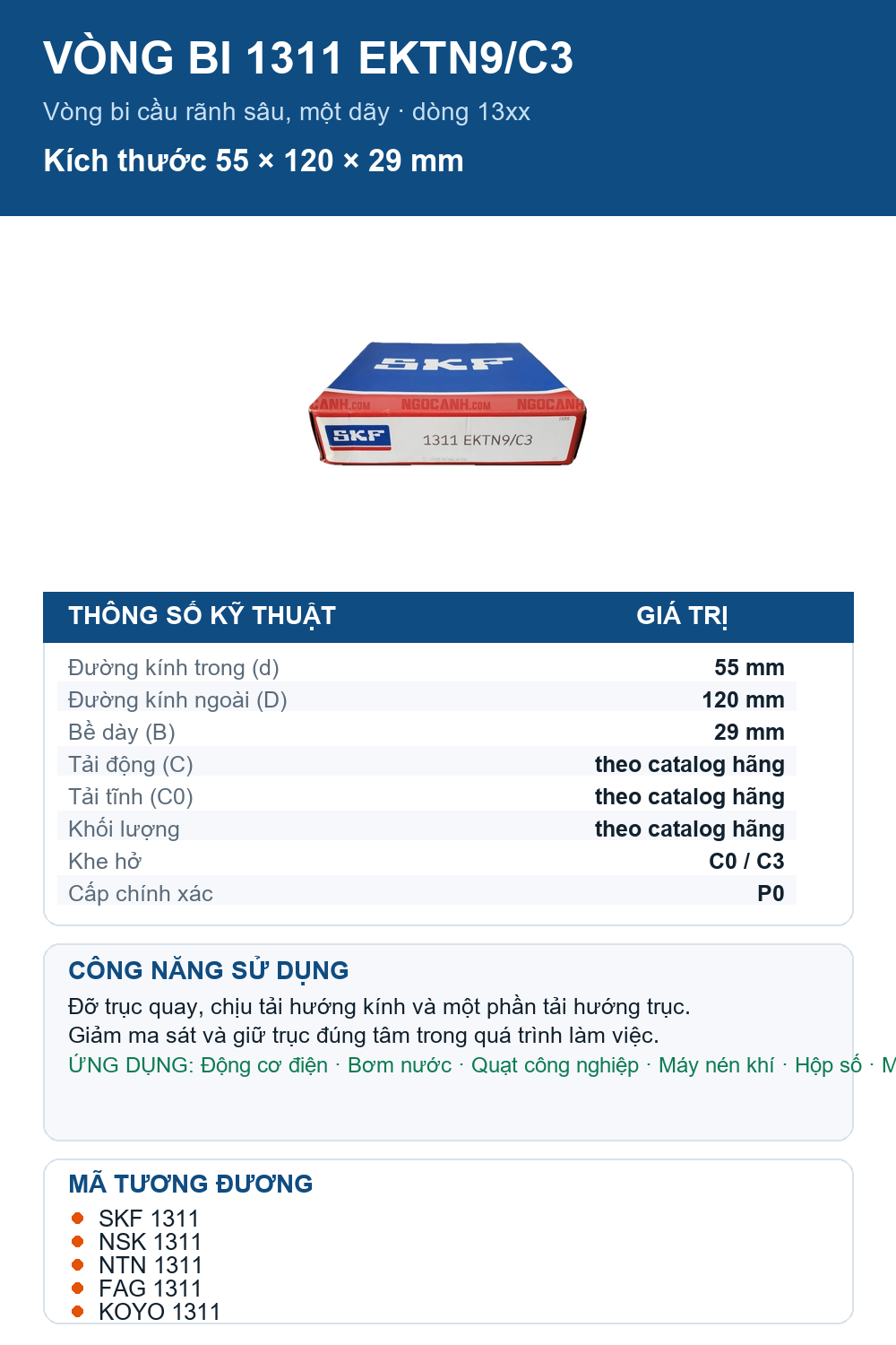 Vòng bi SKF 1311 EKTN9/C3 55x120x29mm — Ảnh thông số (Pinterest)