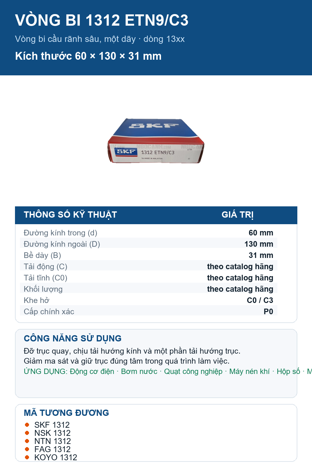 Vòng bi SKF 1312 ETN9/C3 60x130x31mm — Ảnh thông số (Pinterest)
