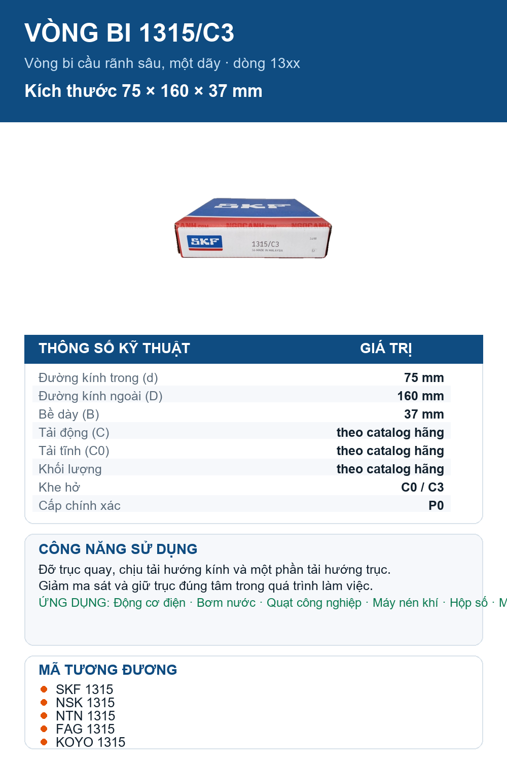 Vòng bi SKF 1315/C3 75x160x37mm — Ảnh thông số (Pinterest)