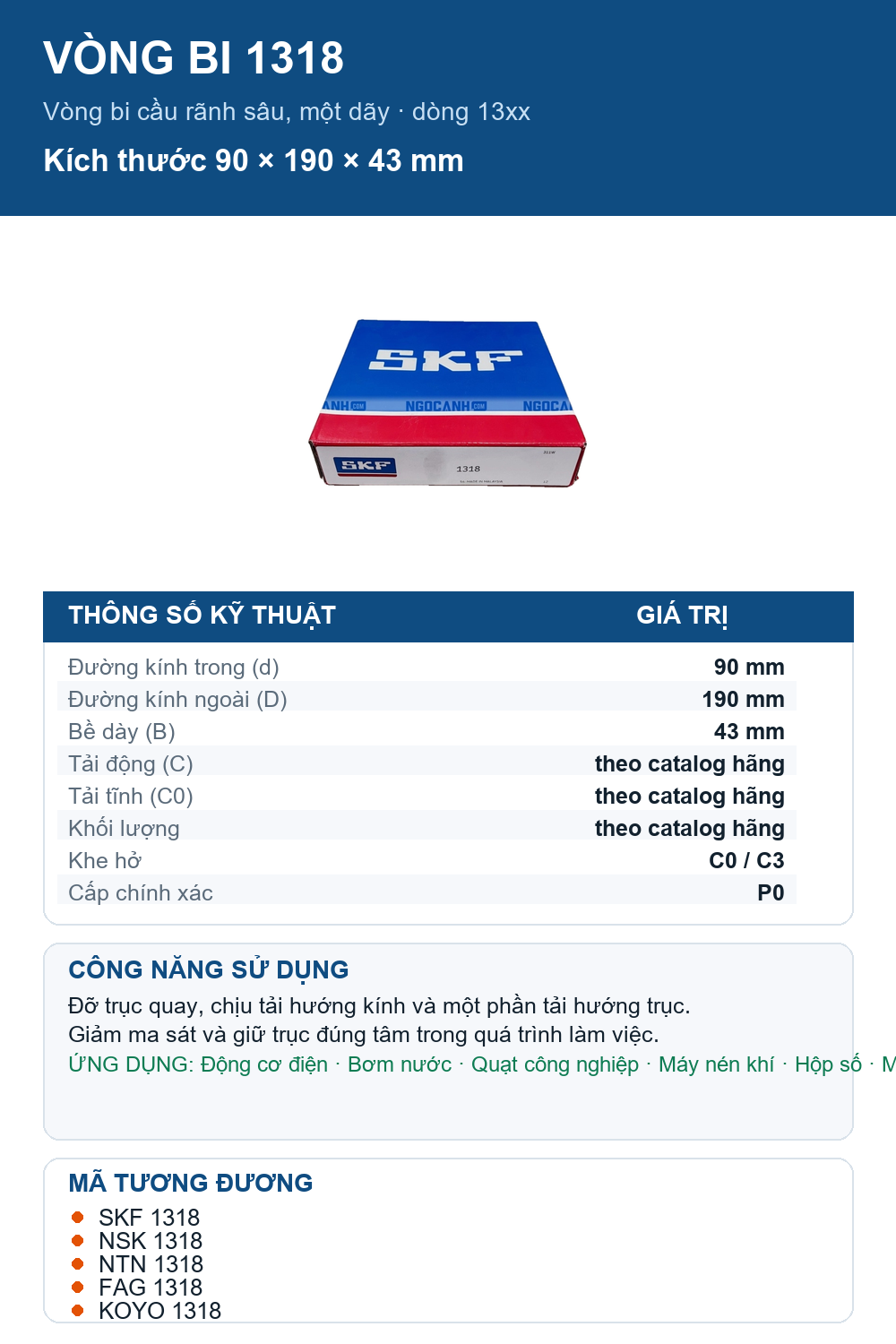 Vòng bi SKF 1318 90x190x43mm — Ảnh thông số (Pinterest)