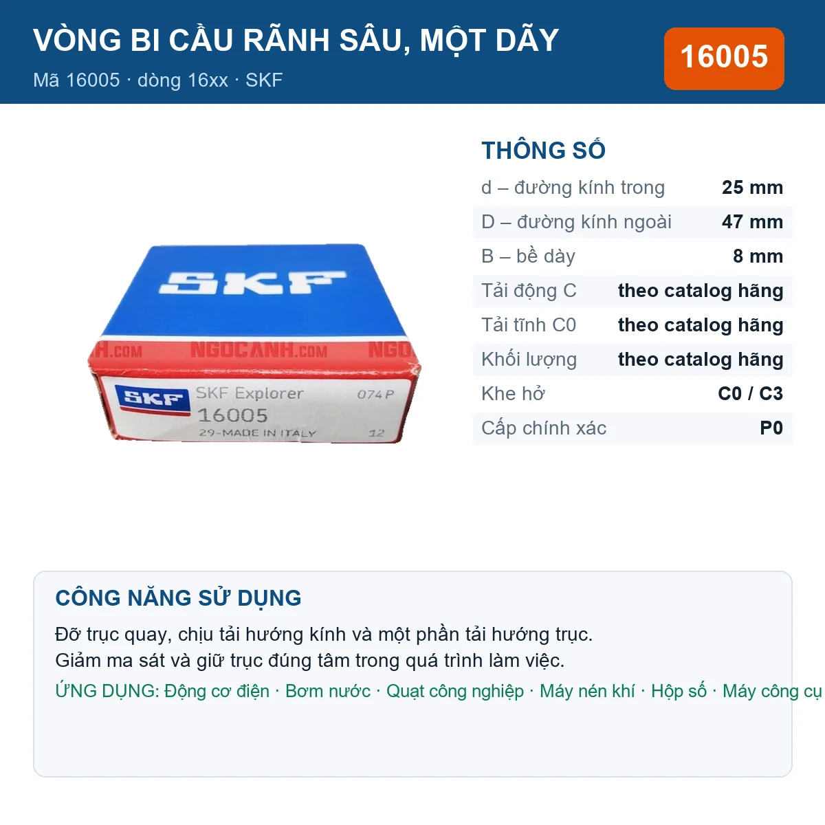 Vòng bi SKF 16005 25x47x8mm — Ảnh đăng sản phẩm (web)