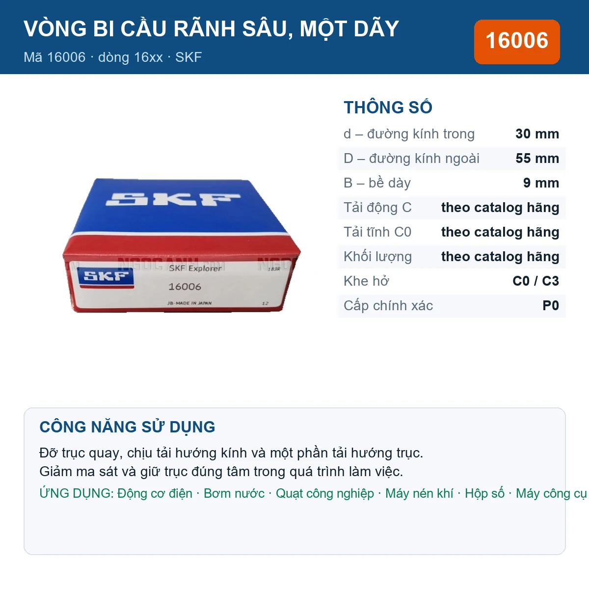 Vòng bi SKF 16006 30x55x9mm — Ảnh đăng sản phẩm (web)