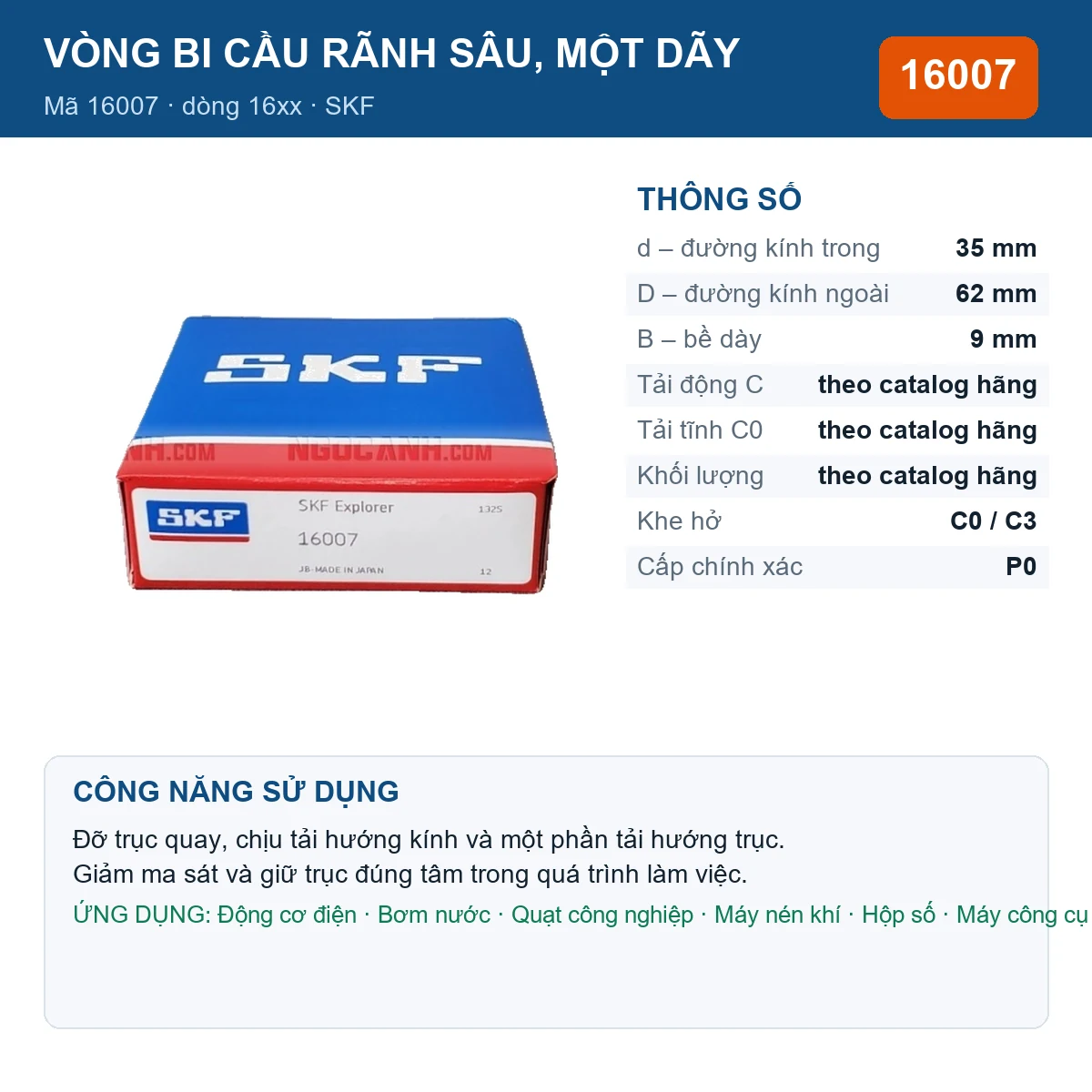 Vòng bi SKF 16007 35x62x9mm — Ảnh đăng sản phẩm (web)
