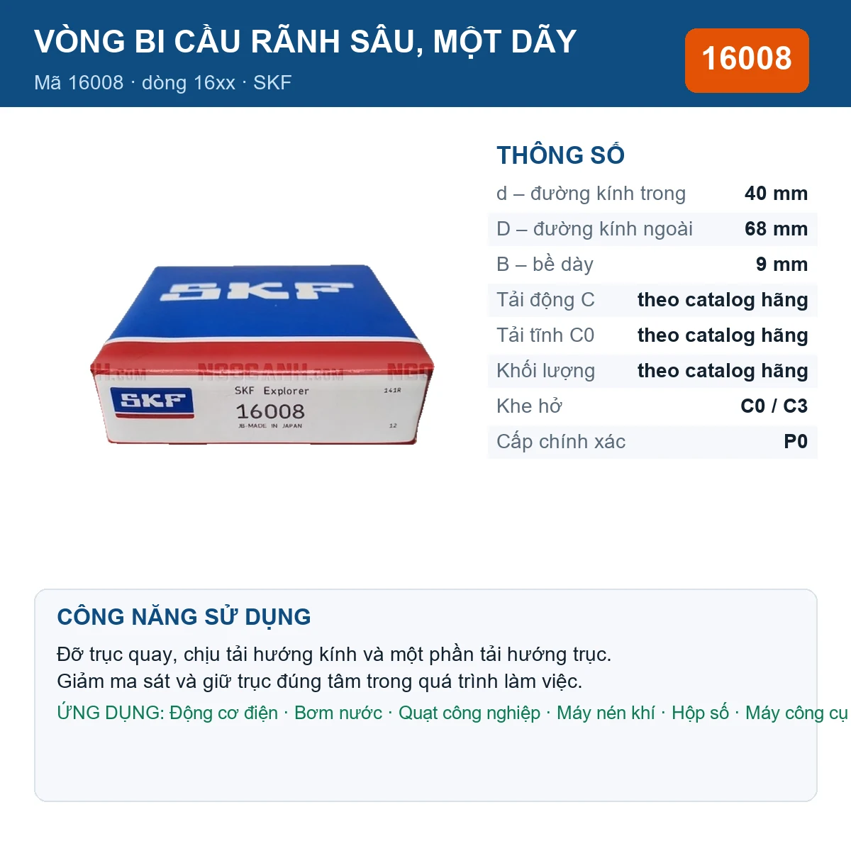 Vòng bi SKF 16008 40x68x9mm — Ảnh đăng sản phẩm (web)