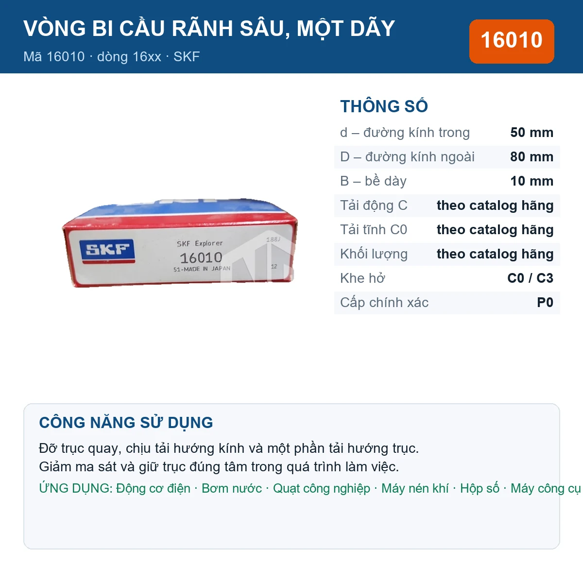 Vòng bi SKF 16010 50x80x10mm — Ảnh đăng sản phẩm (web)