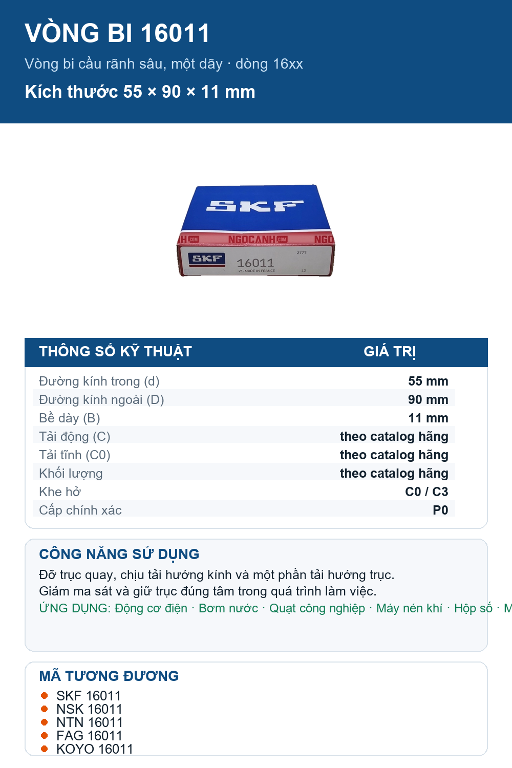 Vòng bi SKF 16011 55x90x11mm — Ảnh thông số (Pinterest)