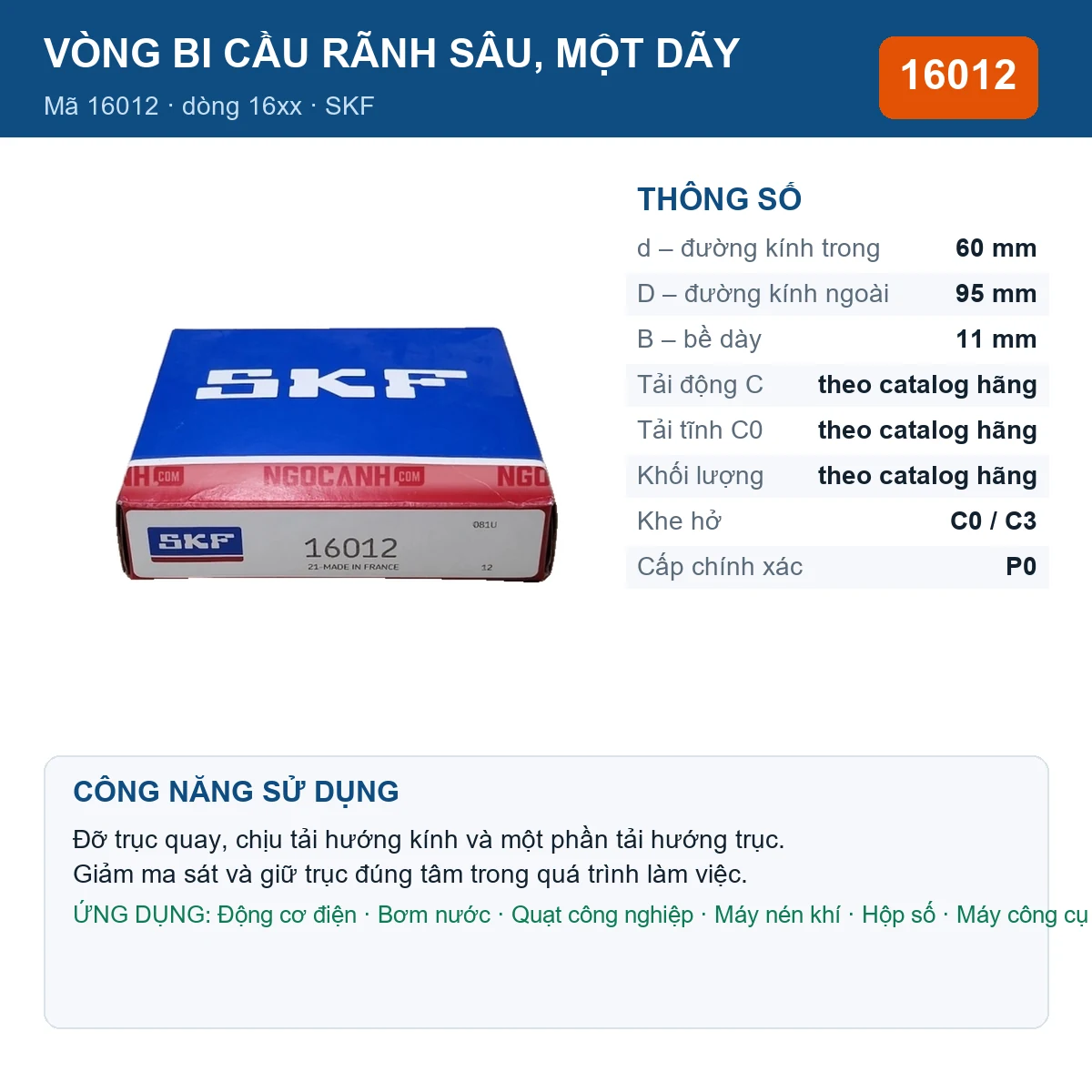 Vòng bi SKF 16012 60x95x11mm — Ảnh đăng sản phẩm (web)