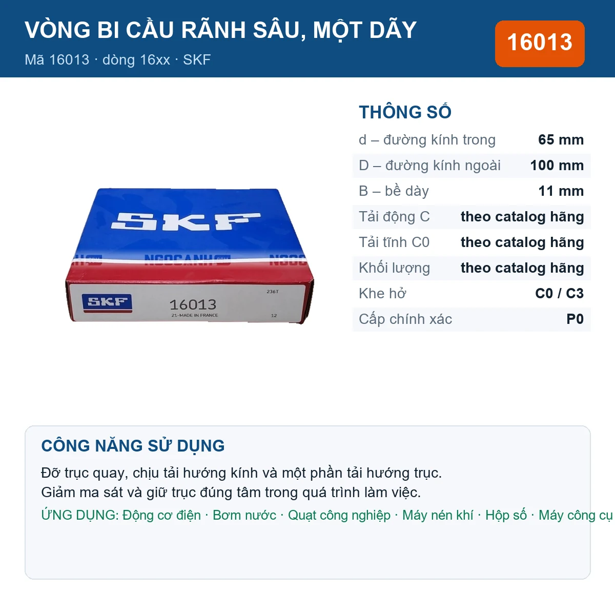 Vòng bi SKF 16013 65x100x11mm — Ảnh đăng sản phẩm (web)