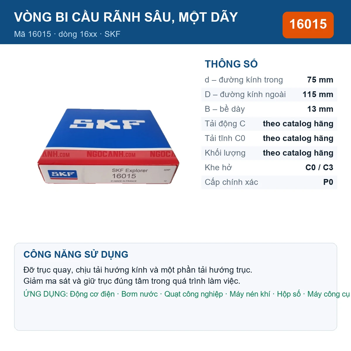 Vòng bi SKF 16015 75x115x13mm — Ảnh đăng sản phẩm (web)