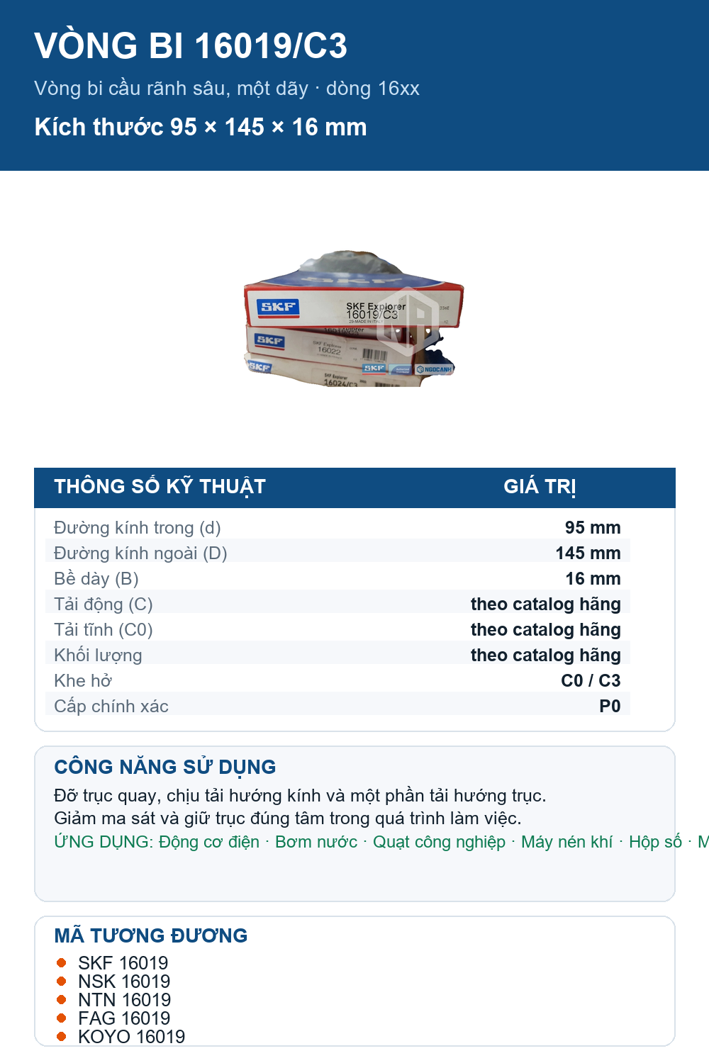 Vòng bi SKF 16019/C3 95x145x16mm — Ảnh thông số (Pinterest)