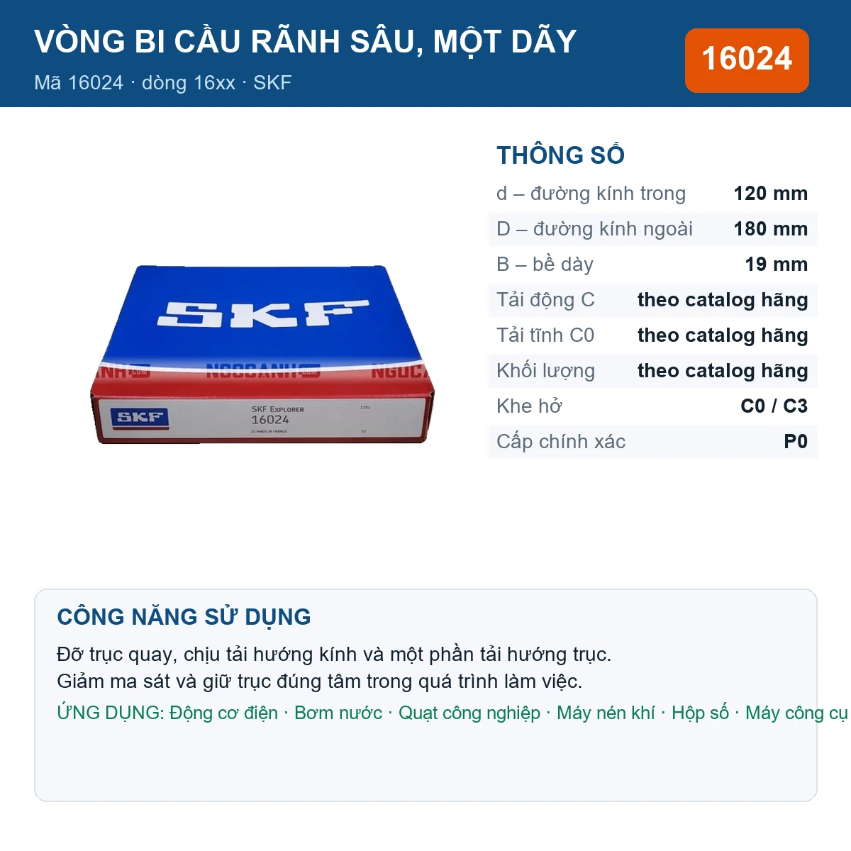 Vòng bi SKF 16024 — kích thước 120x180x19mm