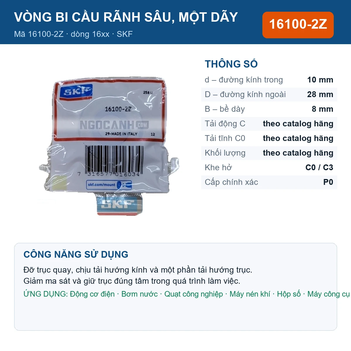 Vòng bi SKF 16100-2Z — kích thước 10x28x8mm
