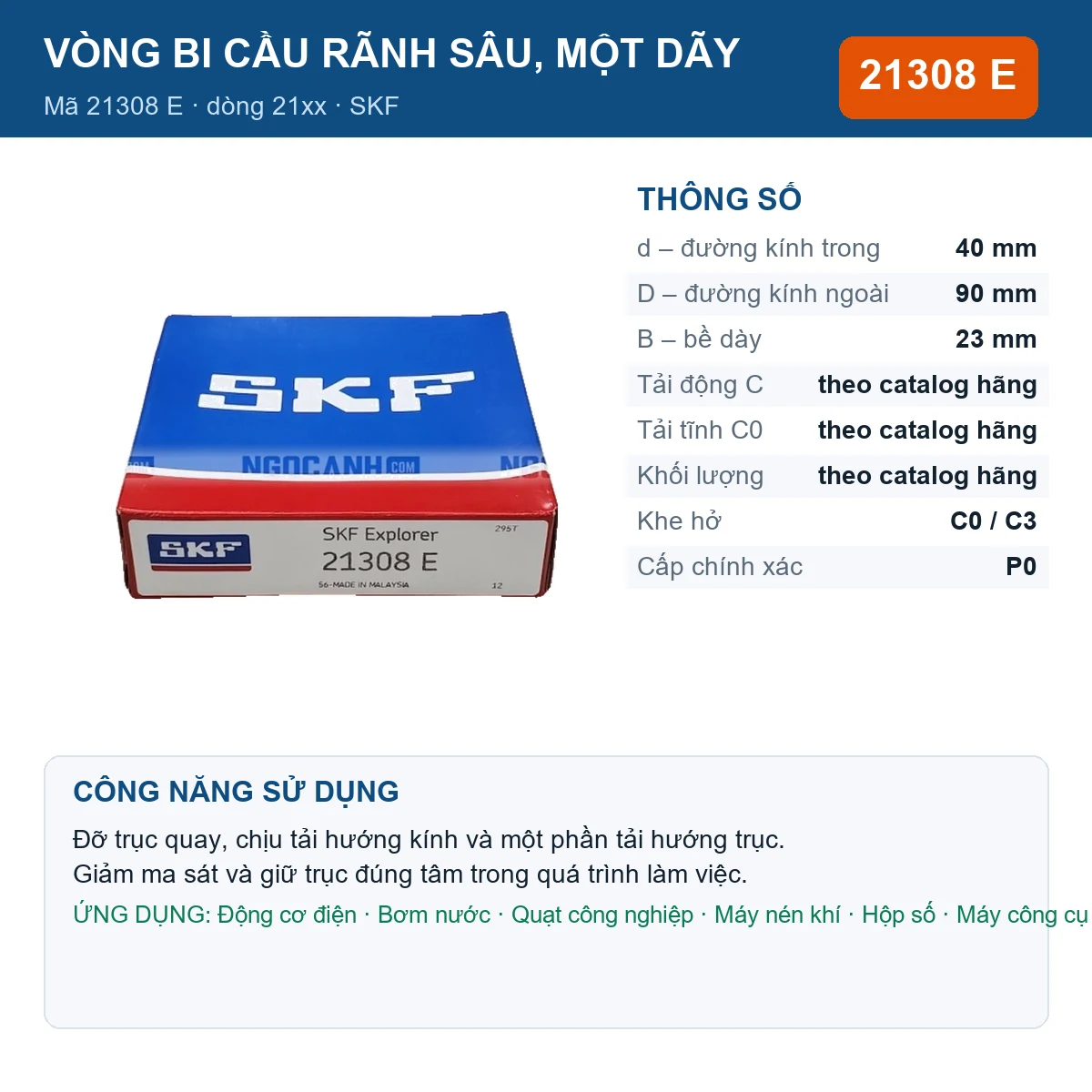 Vòng bi SKF 21308 E 40x90x23mm — Ảnh đăng sản phẩm (web)