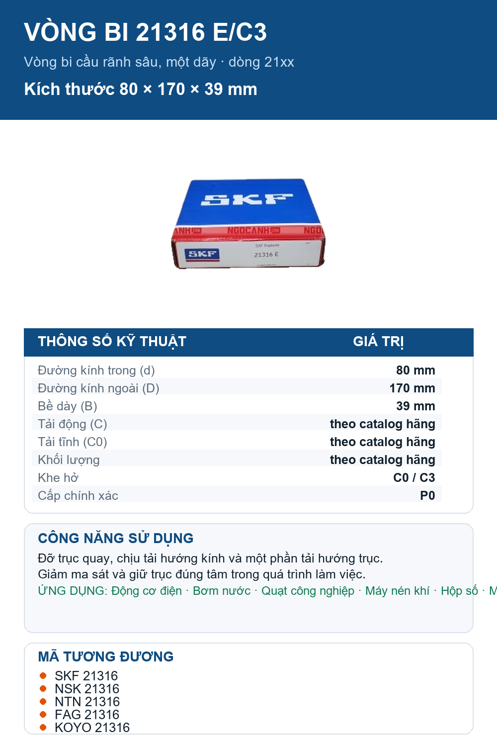 Vòng bi SKF 21316 E/C3 80x170x39mm — Ảnh thông số (Pinterest)