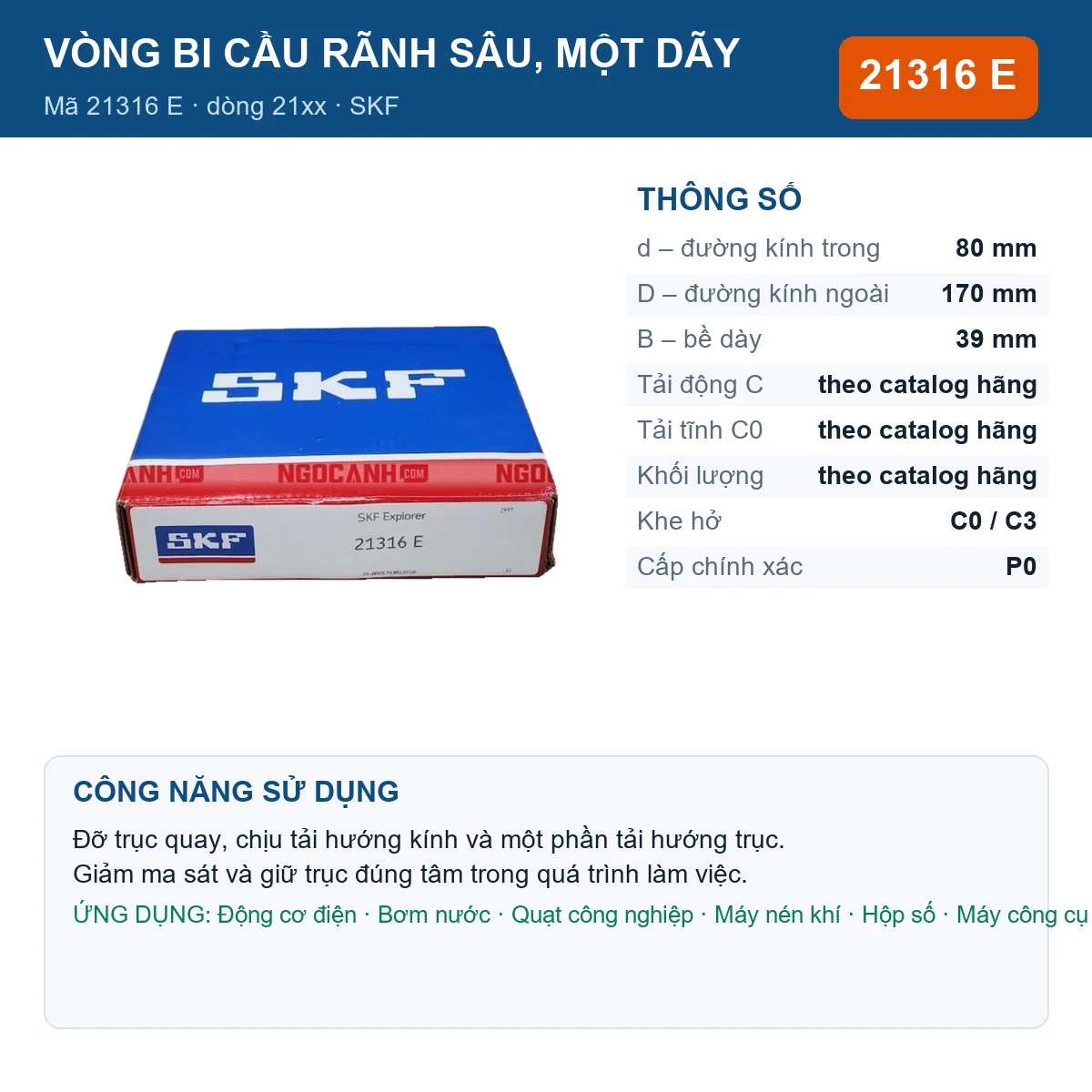 Vòng bi SKF 21316 E 80x170x39mm — Ảnh đăng sản phẩm (web)