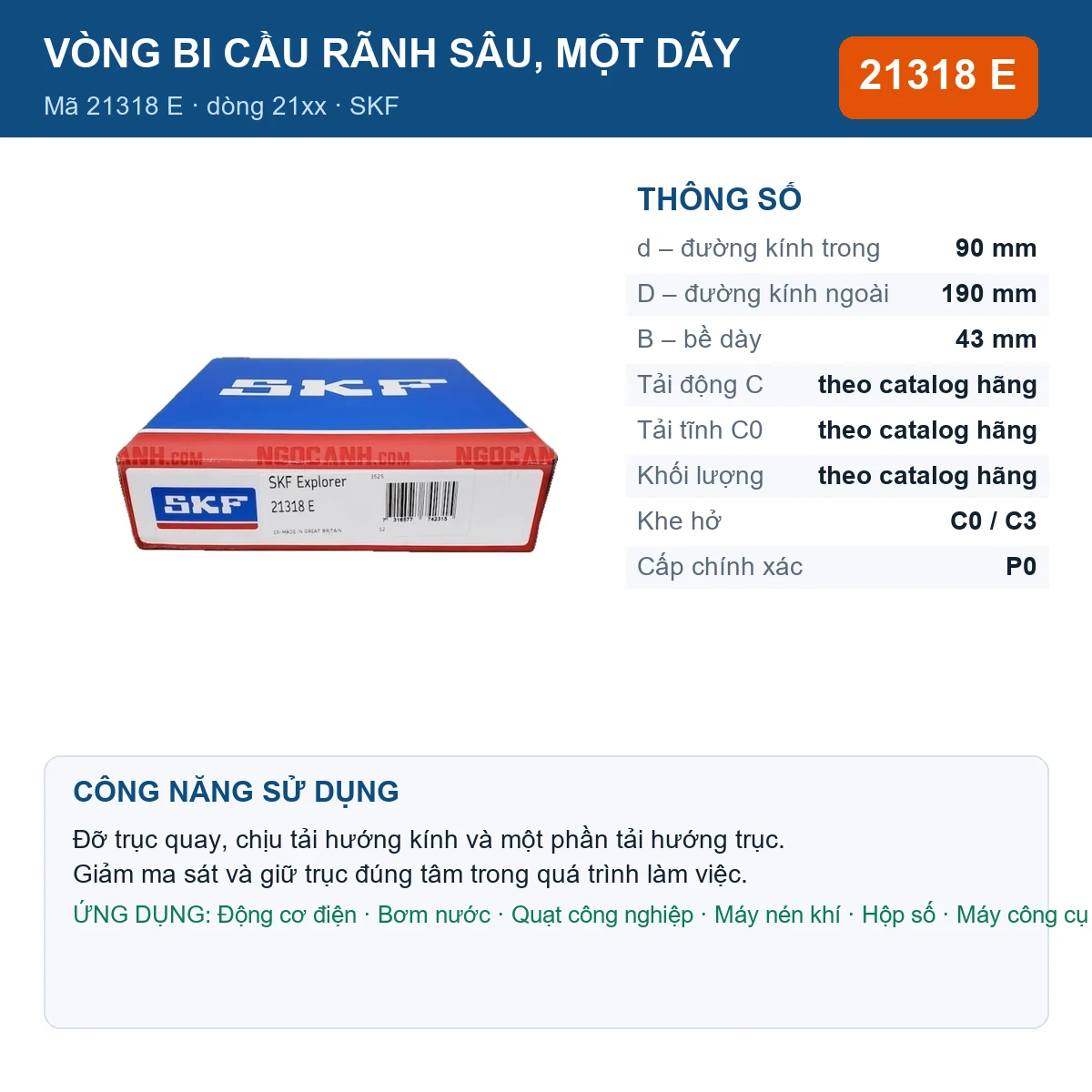Vòng bi SKF 21318 E — kích thước 90x190x43mm