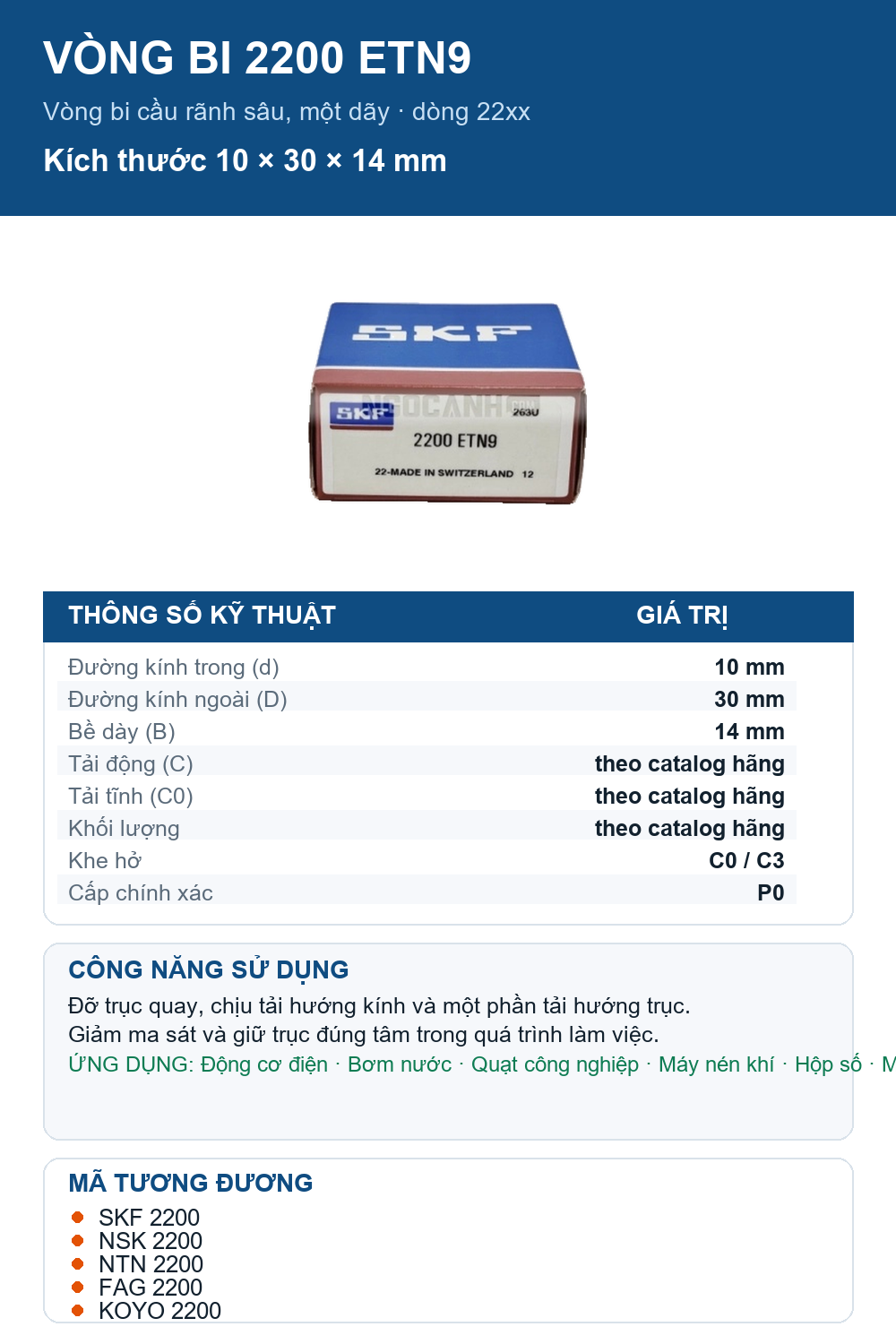 Vòng bi SKF 2200 ETN9 10x30x14mm — Ảnh thông số (Pinterest)