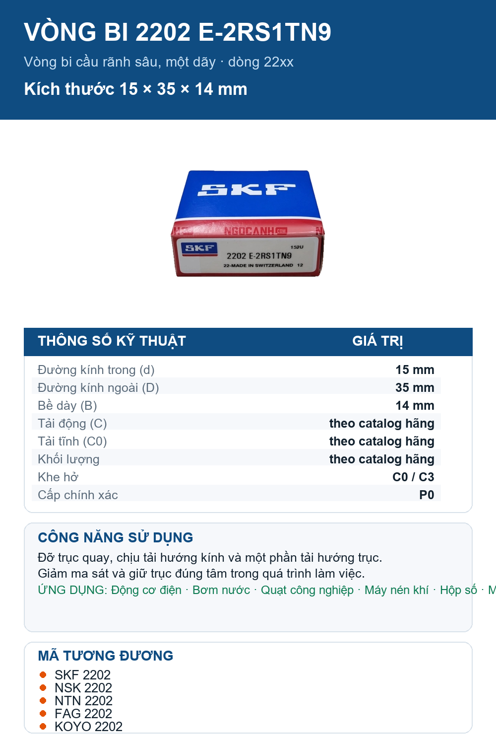 Vòng bi SKF 2202 E-2RS1TN9 15x35x14mm — Ảnh thông số (Pinterest)