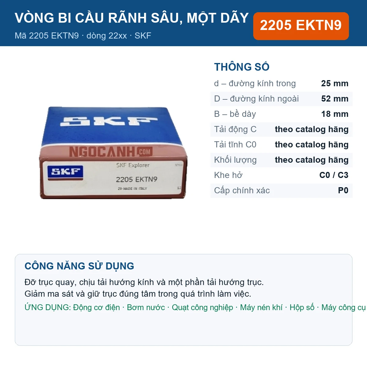 Vòng bi SKF 2205 EKTN9 — kích thước 25x52x18mm