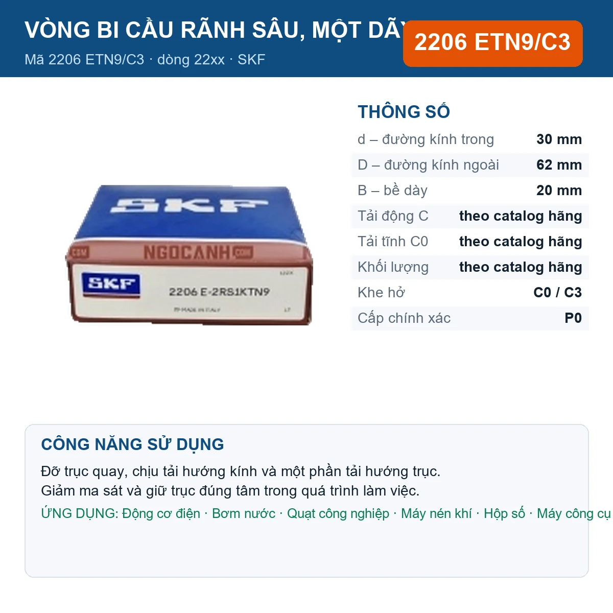 Vòng bi SKF 2206 ETN9/C3 — kích thước 30x62x20mm