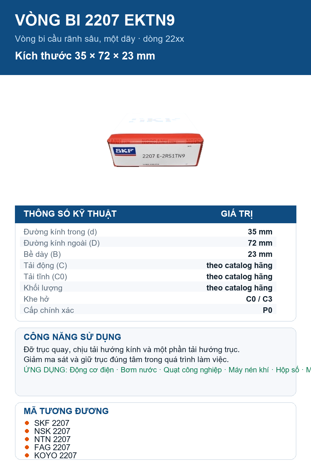Vòng bi SKF 2207 EKTN9 35x72x23mm — Ảnh thông số (Pinterest)
