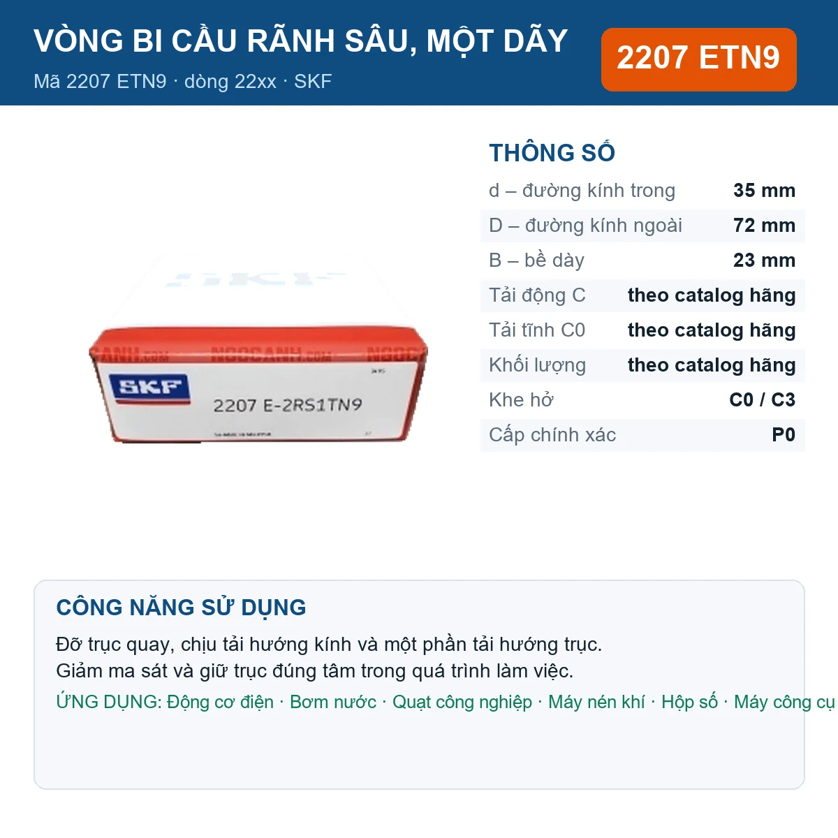 Vòng bi SKF 2207 ETN9 — kích thước 35x72x23mm