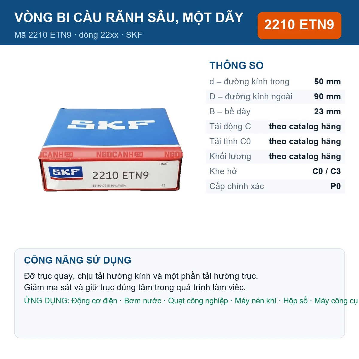 Vòng bi SKF 2210 ETN9 — kích thước 50x90x23mm