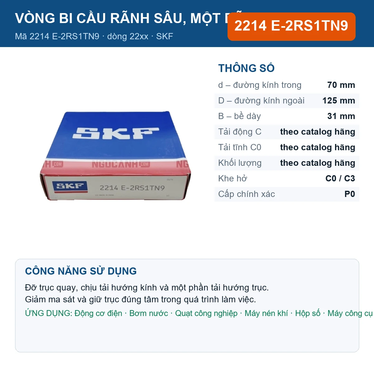 Vòng bi SKF 2214 E-2RS1TN9 — kích thước 70x125x31mm