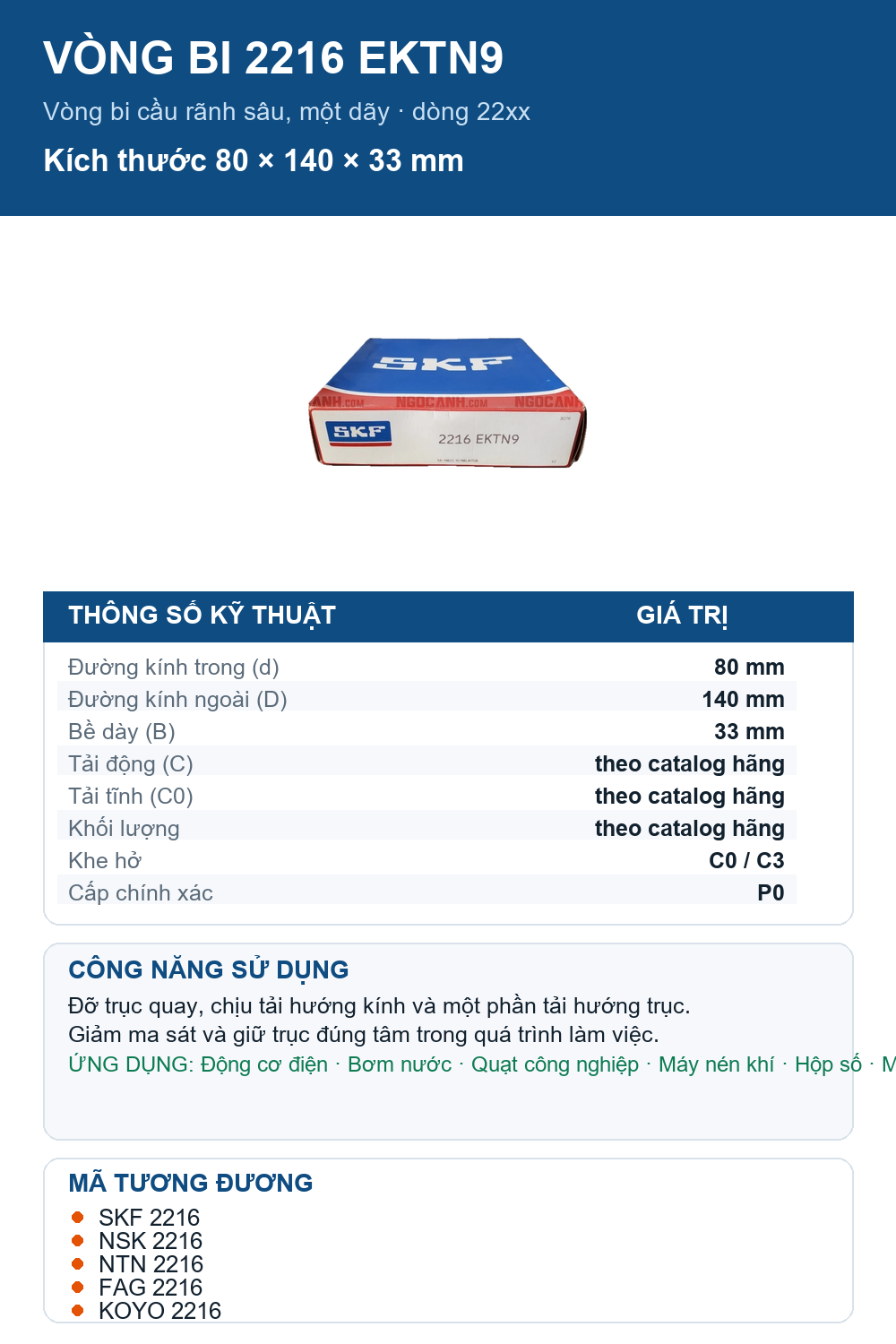 Vòng bi SKF 2216 EKTN9 80x140x33mm — Ảnh thông số (Pinterest)