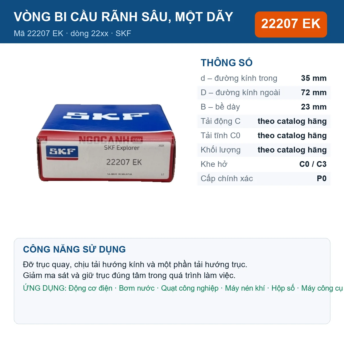 Vòng bi SKF 22207 EK — kích thước 35x72x23mm