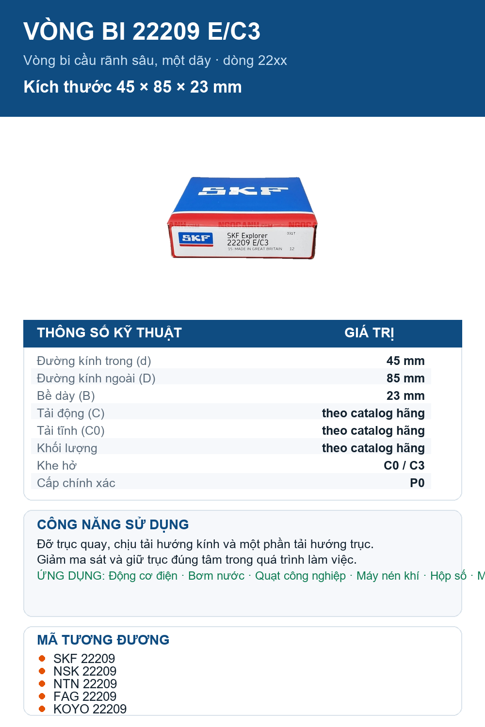 Vòng bi SKF 22209 E/C3 45x85x23mm — Ảnh thông số (Pinterest)