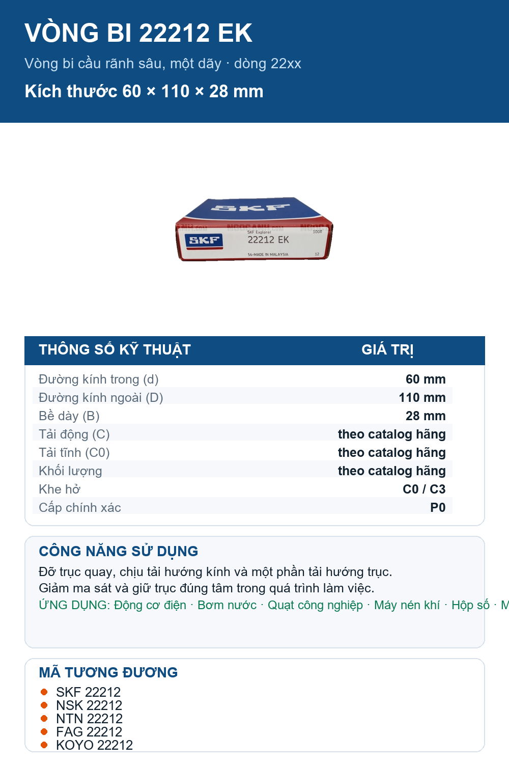 Vòng bi SKF 22212 EK 60x110x28mm — Ảnh thông số (Pinterest)