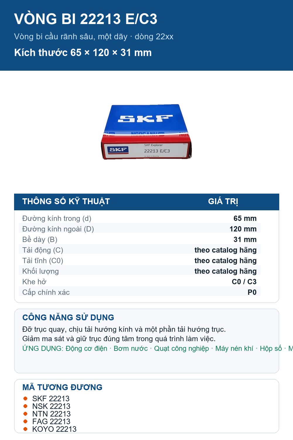 Vòng bi SKF 22213 E/C3 65x120x31mm — Ảnh thông số (Pinterest)